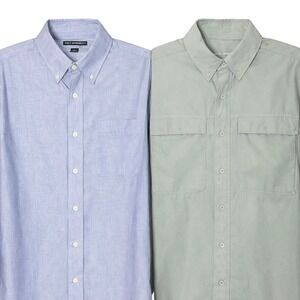 Port Authority Button Up Shirt Lot 2 Mens L Blue Beige Workwear Minimalist